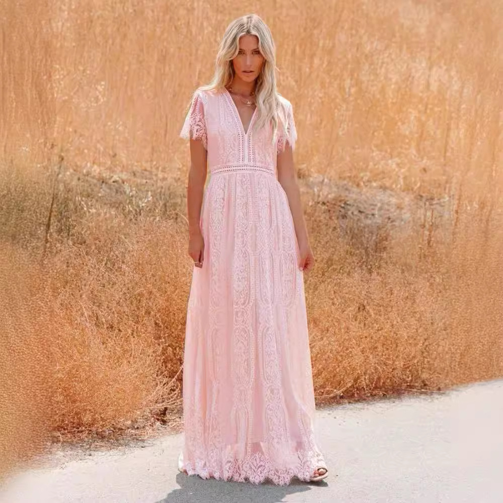 Women's Maxi Dress - Floor-Length Lace - V-Neck Short Sleeve Elegant Formal Wear