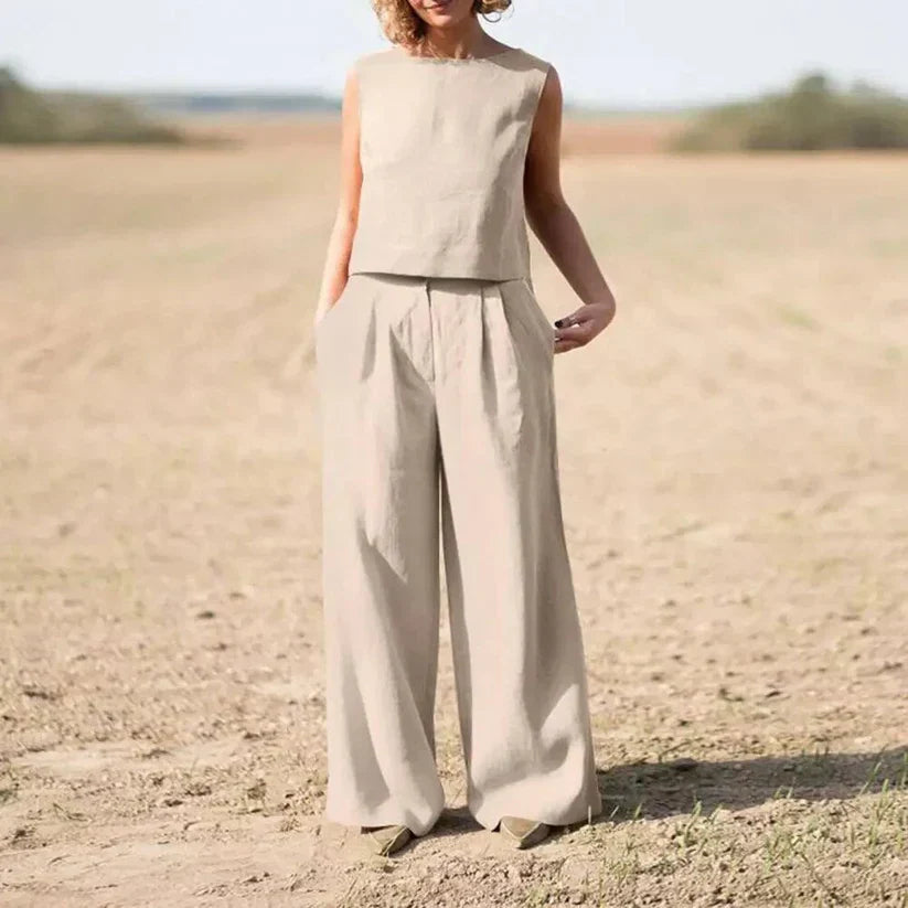 Women's Two-Piece Set - Sleeveless Cropped Top & High-Waisted Wide-Leg Pants - Breathable Fabric