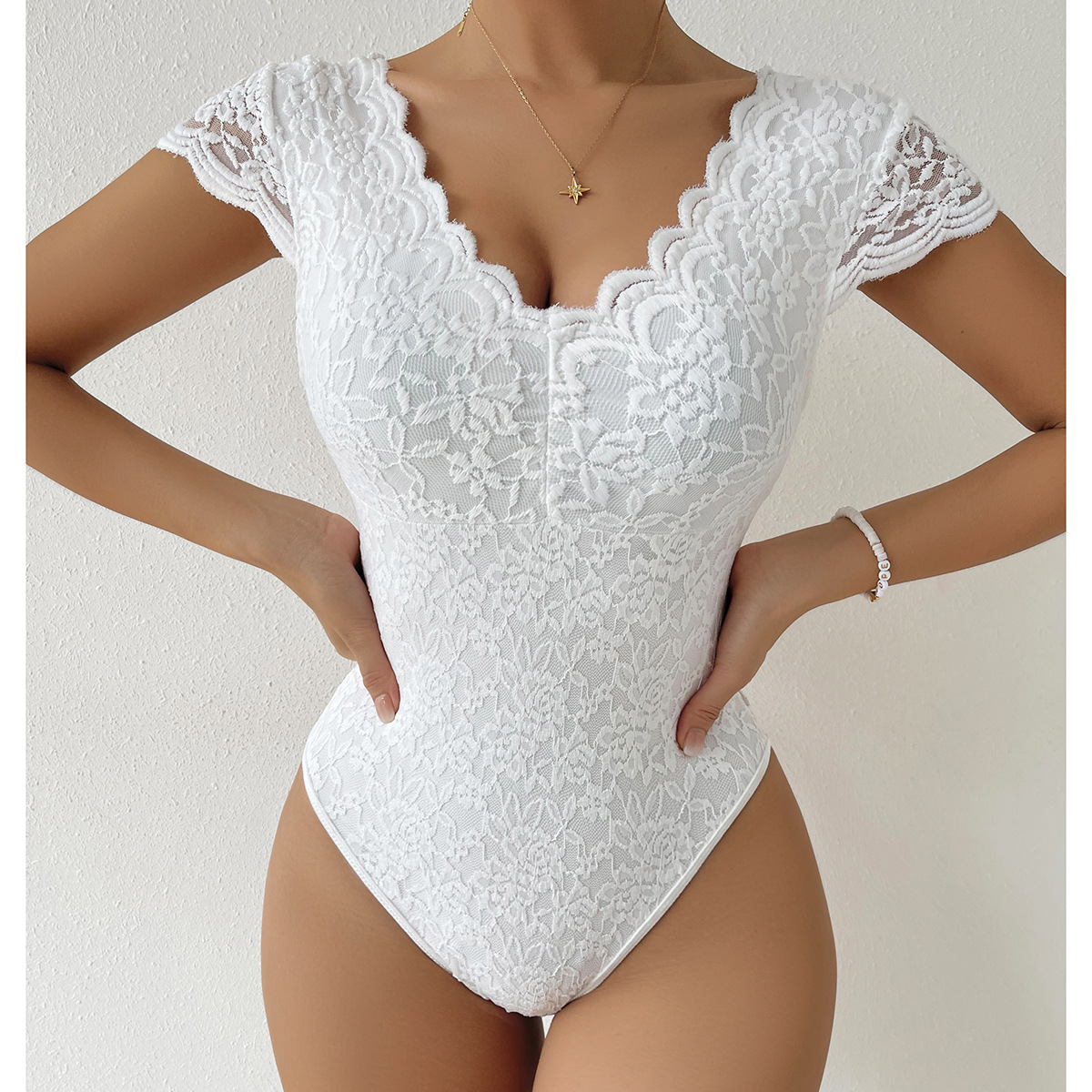 Women’s Lace Bodysuit – Floral Pattern – Scalloped V-Neck – Short Sleeve – Fitted Style