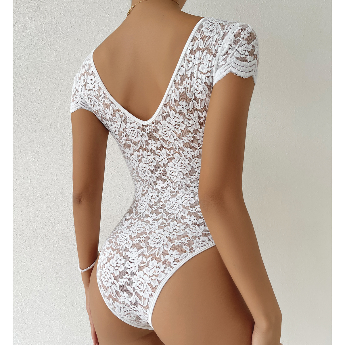 Women’s Lace Bodysuit – Floral Pattern – Scalloped V-Neck – Short Sleeve – Fitted Style