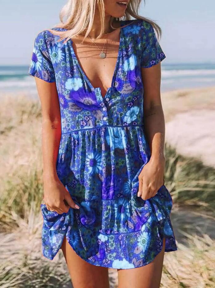 Women's Mini Boho Dress - Floral Print - Deep V-Neck - Short Sleeve A-Line Casual Wear