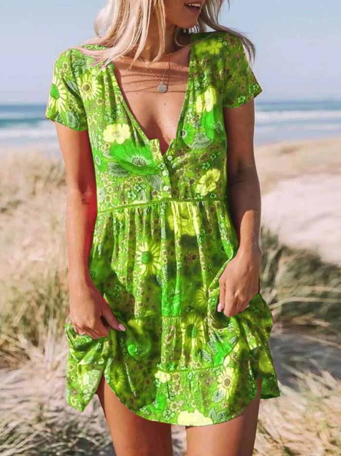 Women's Mini Boho Dress - Floral Print - Deep V-Neck - Short Sleeve A-Line Casual Wear