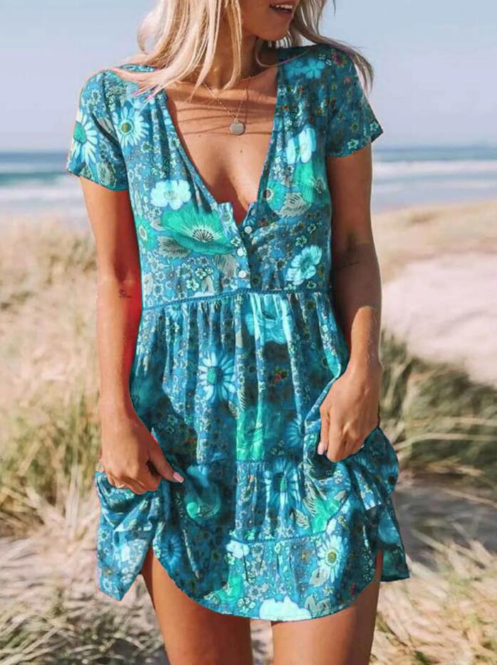 Women's Mini Boho Dress - Floral Print - Deep V-Neck - Short Sleeve A-Line Casual Wear
