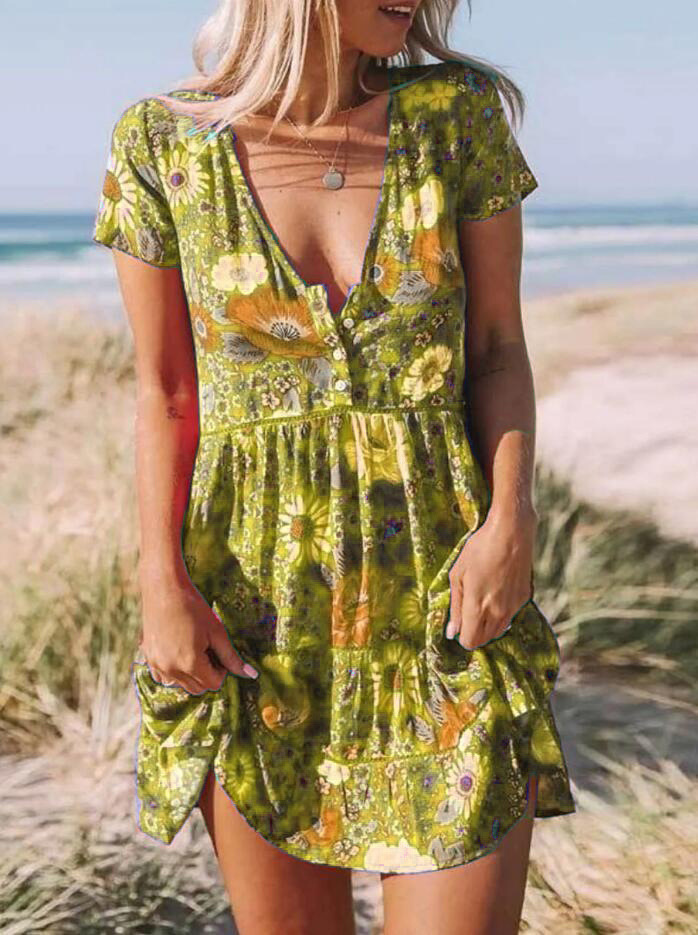 Women's Mini Boho Dress - Floral Print - Deep V-Neck - Short Sleeve A-Line Casual Wear
