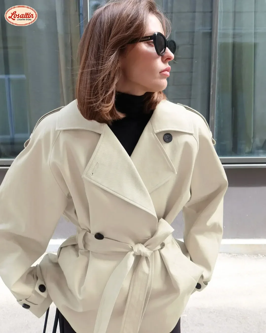 Women’s Cropped Trench Coat – Cotton Blend – Belted Waist – Wide Lapel – Epaulettes