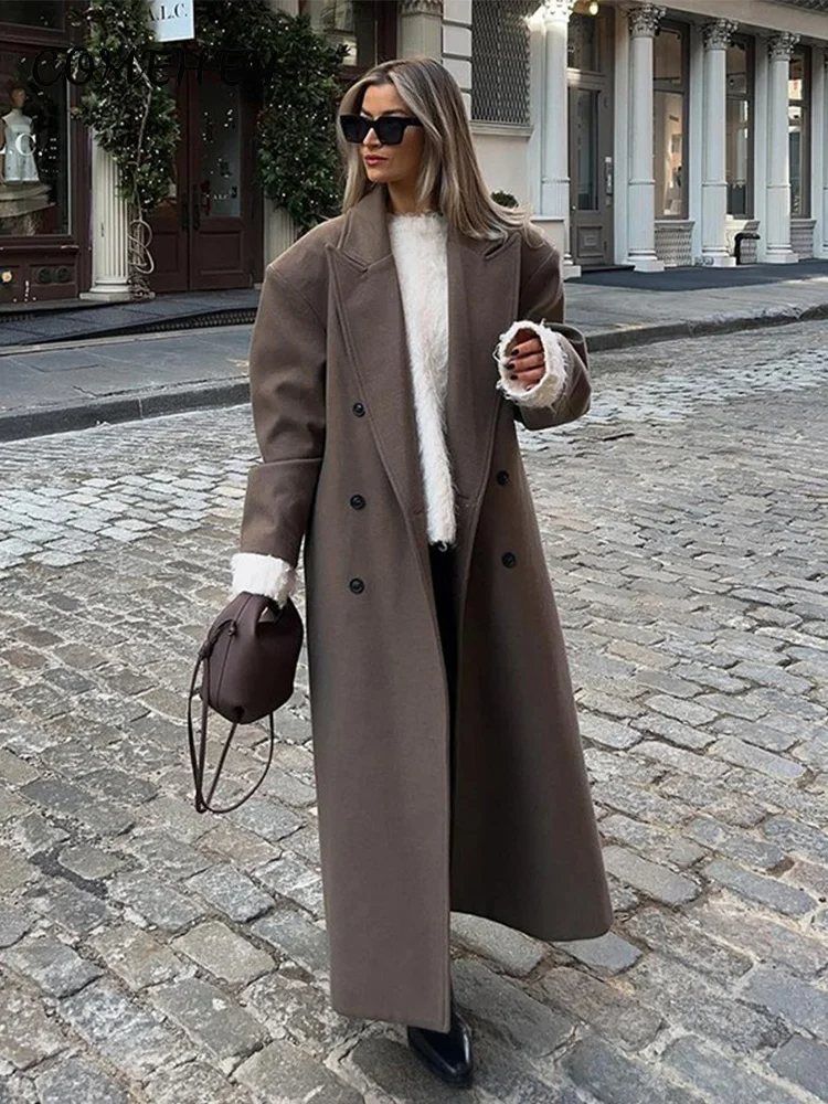 Women’s Long Overcoat – Wool – Loose Fit – Double-Breasted – Structured Silhouette