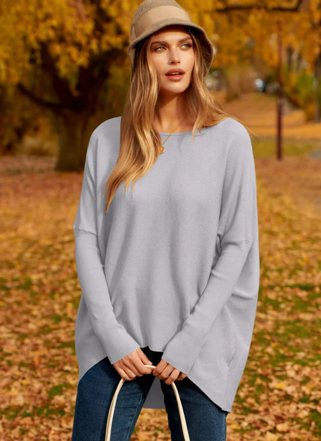 Women’s Sweater – Oversized Fit – Soft Wool Knit – Long Sleeve Pullover – Asymmetrical Hem