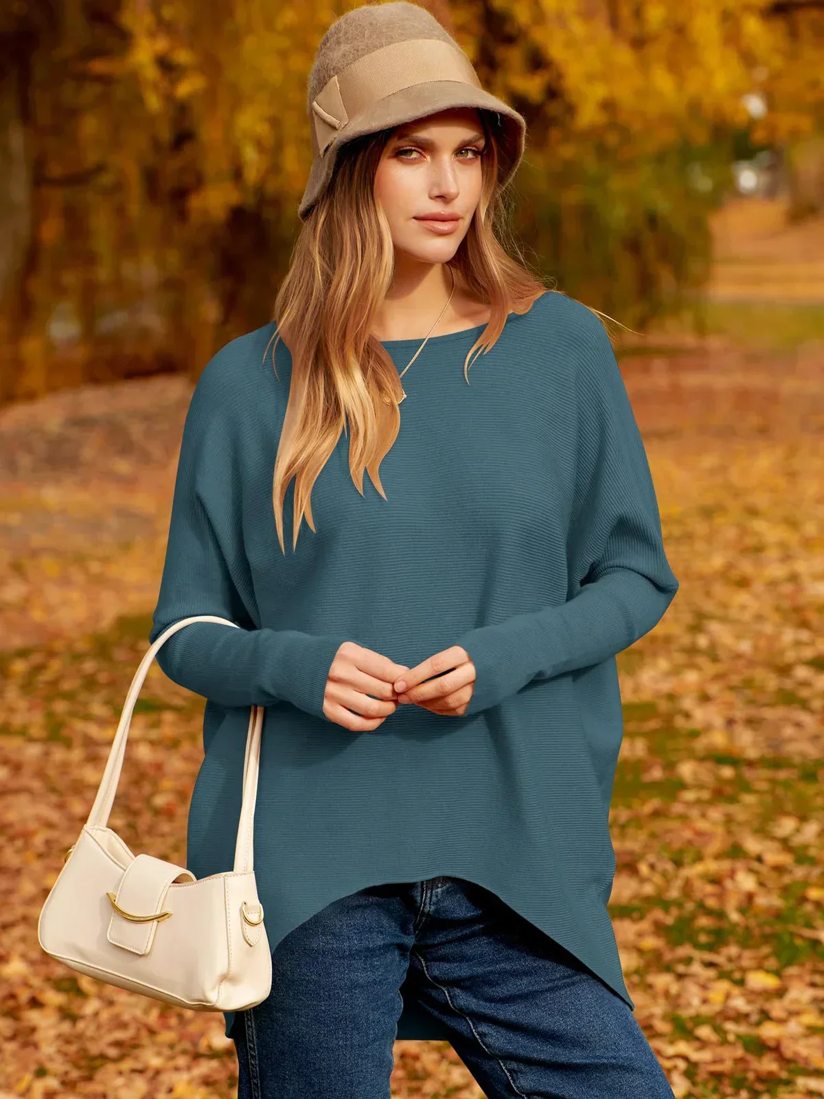 Women’s Sweater – Oversized Fit – Soft Wool Knit – Long Sleeve Pullover – Asymmetrical Hem
