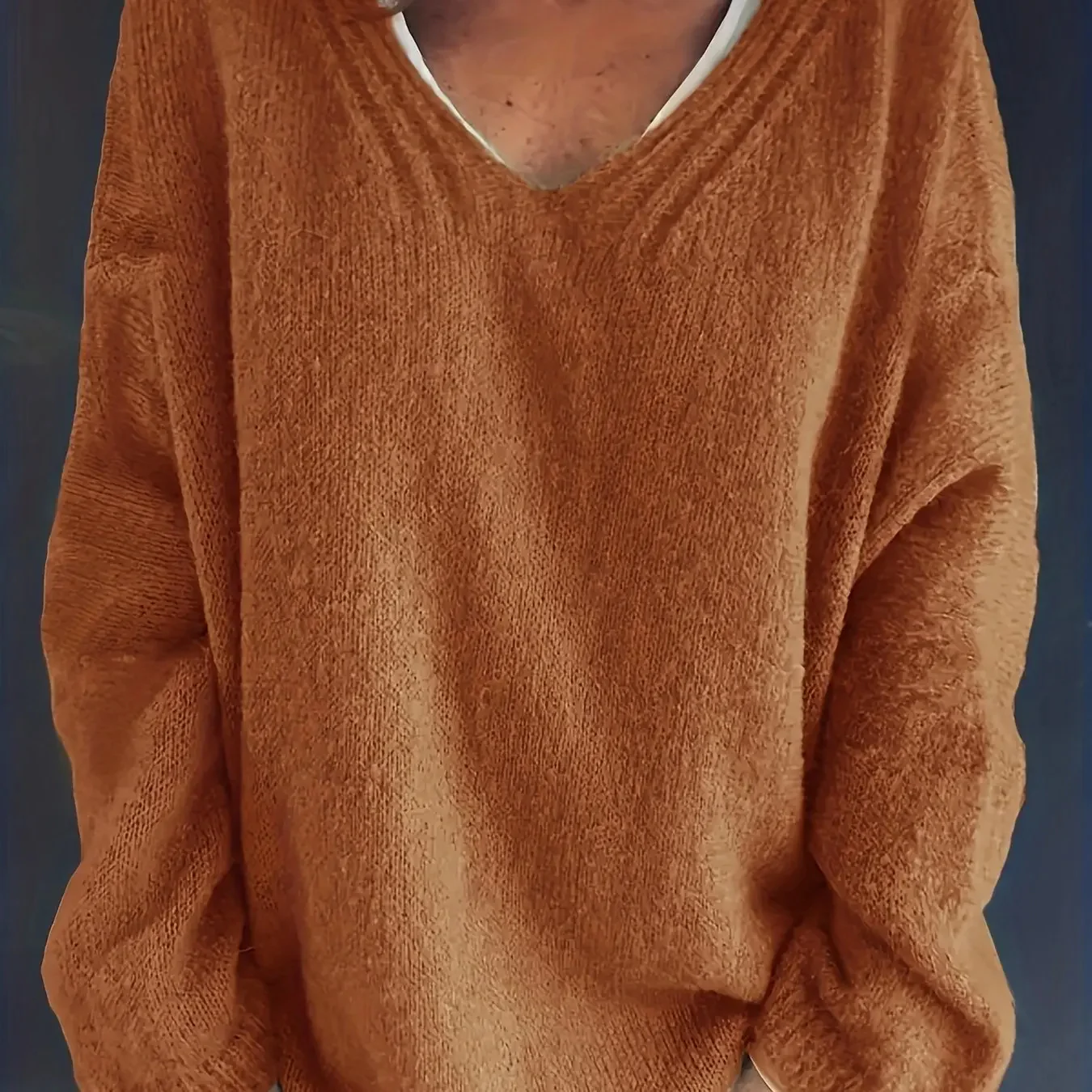 Women’s V-Neck Sweater – Relaxed Oversized Fit – Soft Knit – Ribbed Trim – Long Sleeve