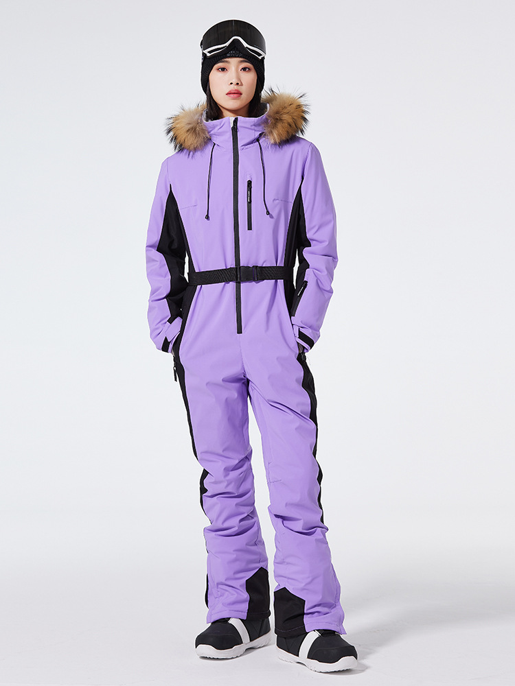 Women’s One-Piece Ski Suit – Slim Fit – Waterproof Windproof – Belted Faux Fur Hood