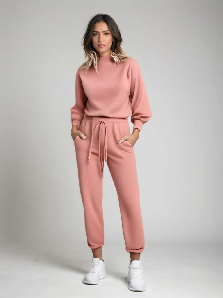 Women’s Two-Piece Loungewear Set – Relaxed Fit – Mock Neck Top – Tapered Jogger Pants – Cotton Blend