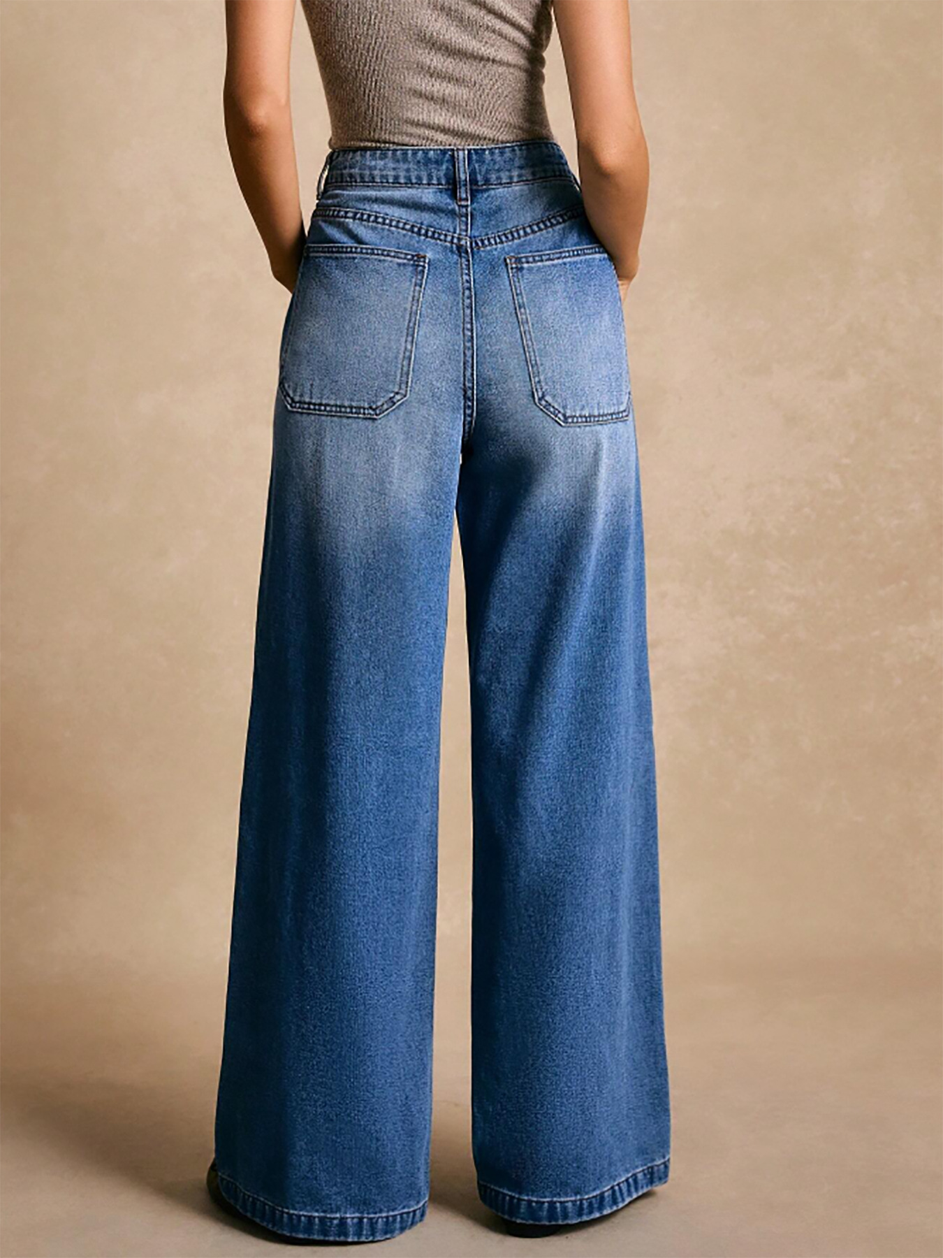 Women’s Wide-Leg Trousers – High Waist Relaxed Fit – Denim with Studded Pockets