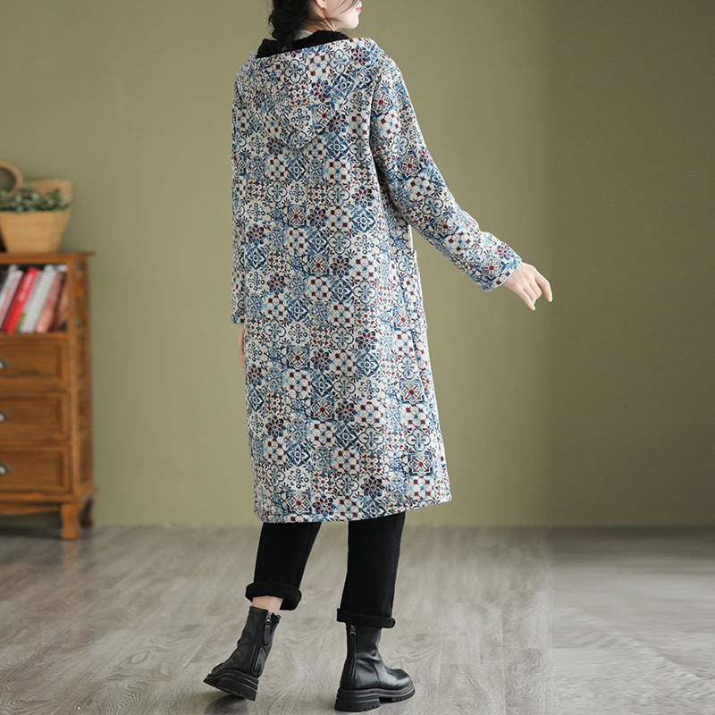 Women’s Trench Coat – Loose Fit A-Line – Cotton Blend – Hooded – Geometric Print