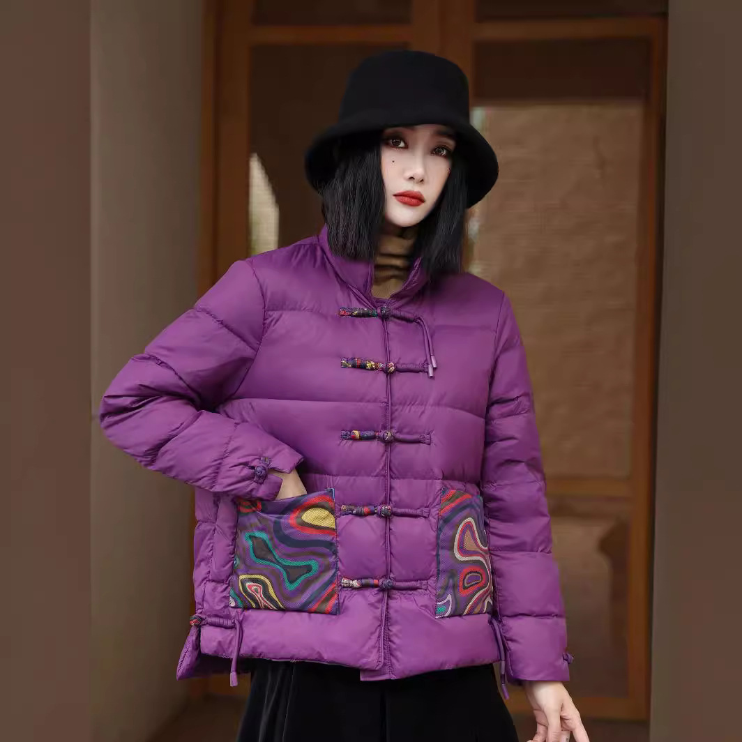 Women’s Quilted Puff Jacket – Loose Fit – High Collar – Frog Closures – Bold Pockets