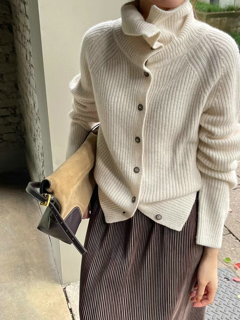 Women’s Cardigan – Relaxed Fit – Ribbed Knit – Asymmetrical Funnel Neck – Button Front