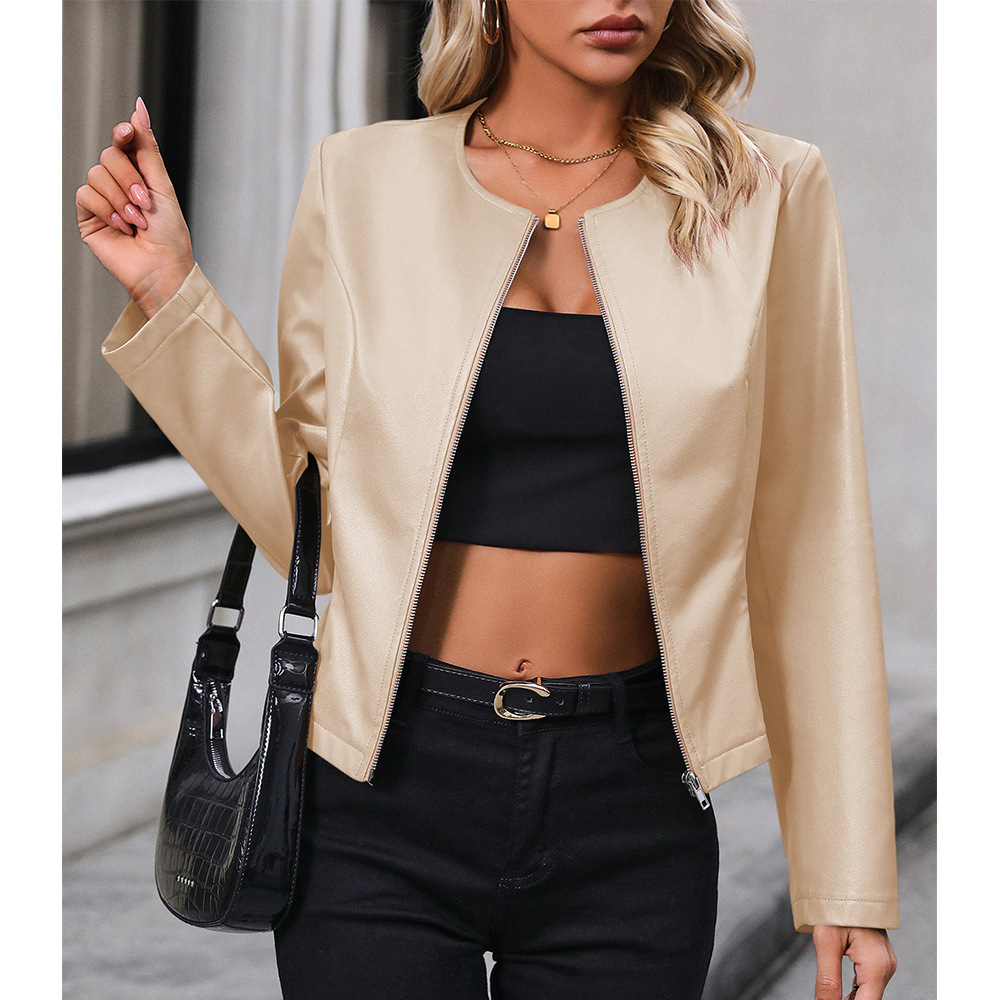Women’s Cropped Jacket – Slim Fit – Faux Leather Look – Collarless – Zip Front – Long Sleeve