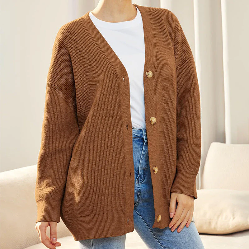 Women’s Cardigan – Relaxed Fit – Wool Knit – Ribbed Texture – V Neck – Button Front