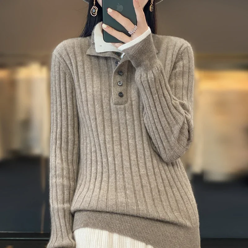 Women’s Pullover Sweatshirt – Ribbed Knit – Shirt Collar – Button Placket – Relaxed Fit