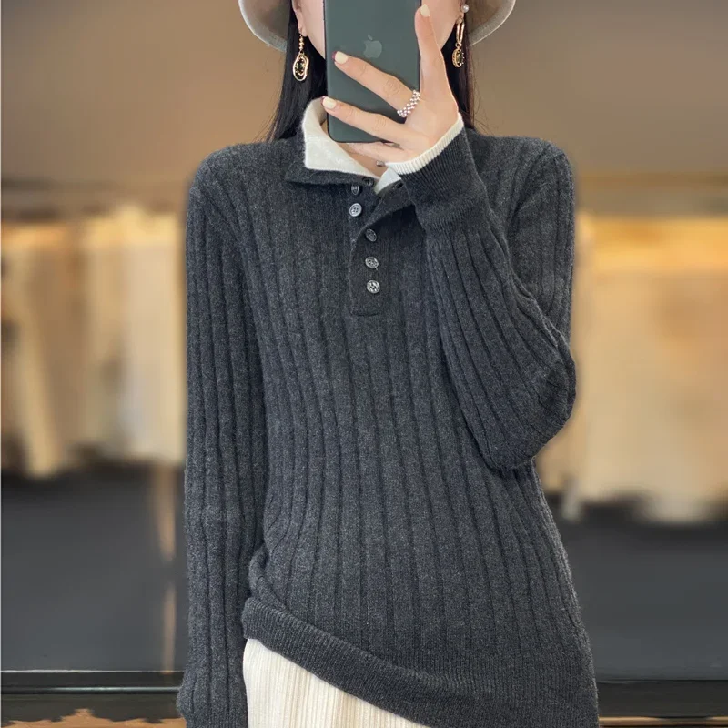 Women’s Pullover Sweatshirt – Ribbed Knit – Shirt Collar – Button Placket – Relaxed Fit