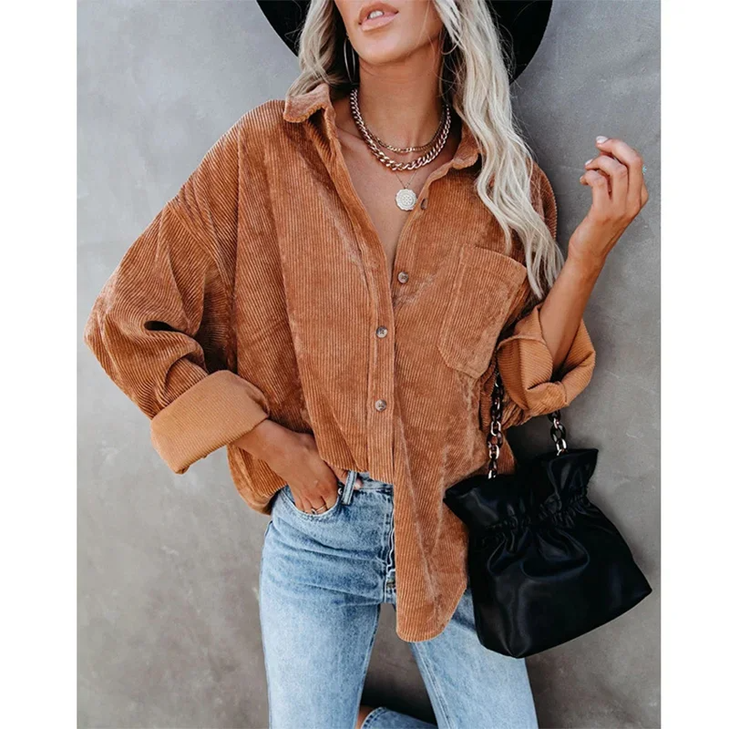 Women’s Button-Up Shirt – Oversized Fit – Ribbed Texture – Lapel Collar – Long Sleeve