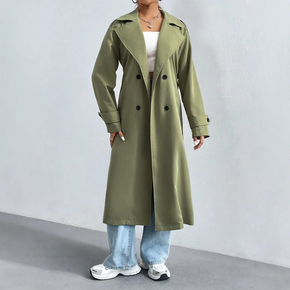Women’s Trench Coat – Regular Fit – Double-Breasted – Lapel Collar – Full Length