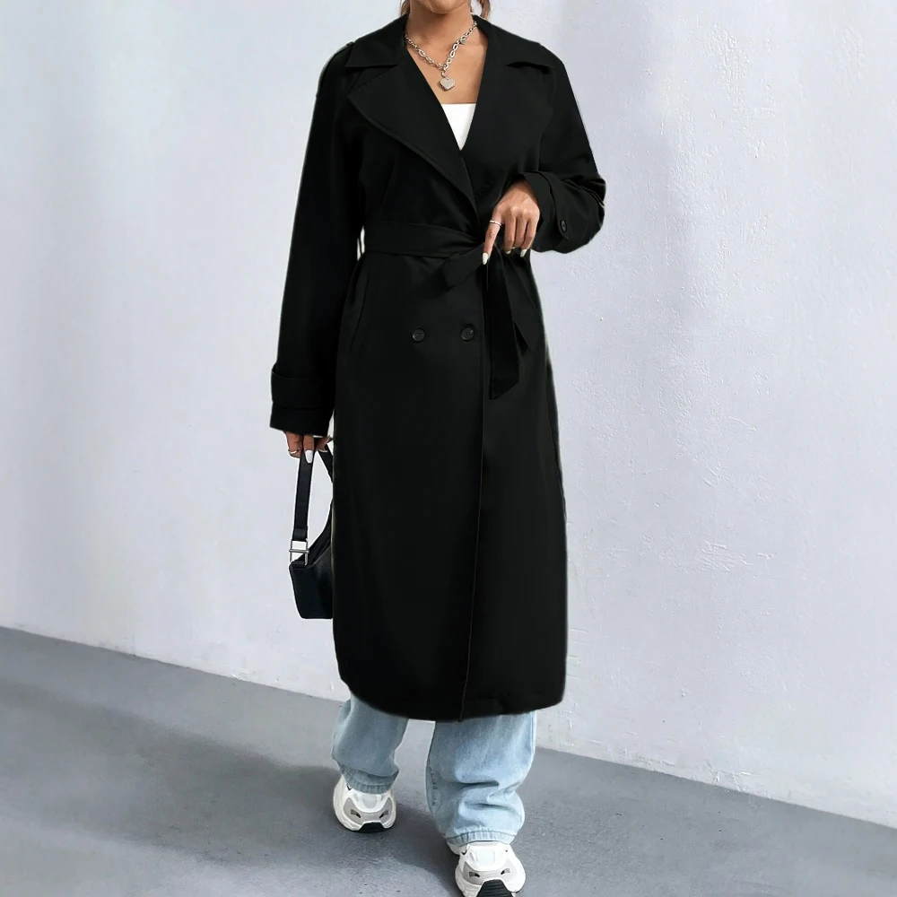 Women’s Trench Coat – Regular Fit – Double-Breasted – Lapel Collar – Full Length