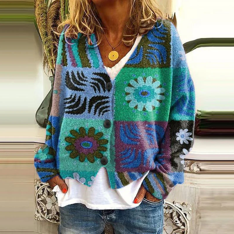 Women’s Cardigan – Relaxed Fit Knit – Patchwork Floral Design – Button Front Casual Wear