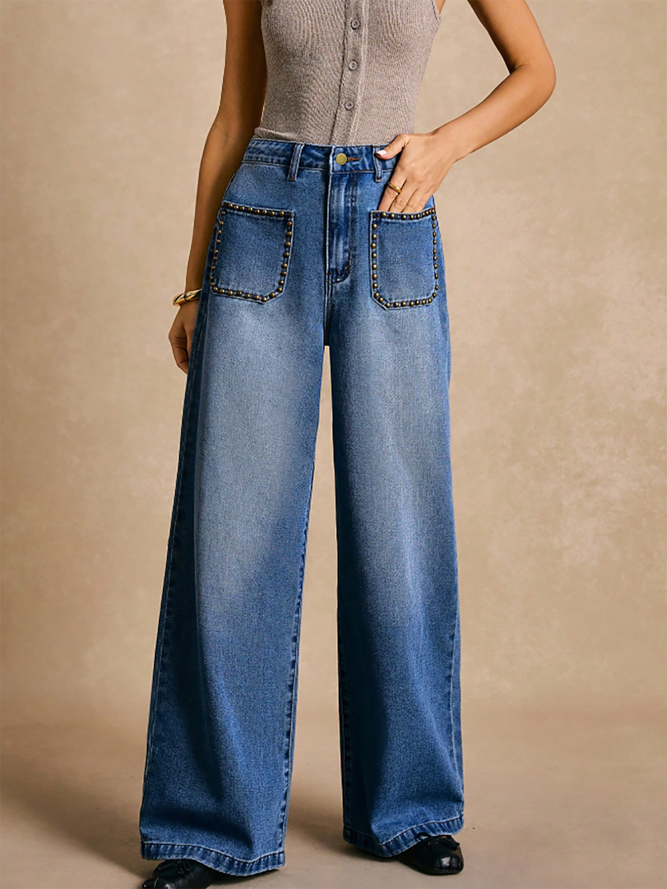 Women’s Wide-Leg Trousers – High Waist Relaxed Fit – Denim with Studded Pockets