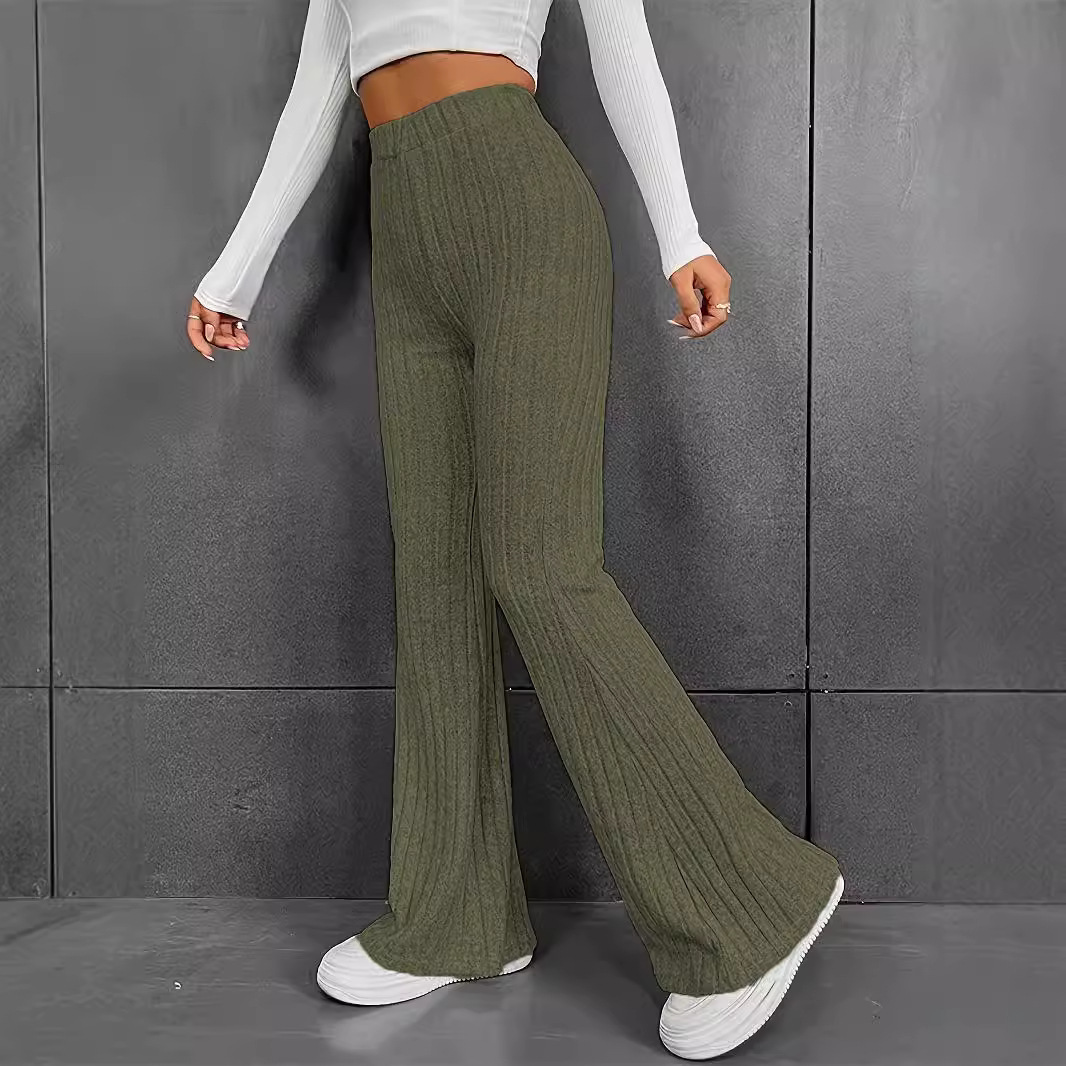 Women’s Trousers – High Waisted – Slim Fit – Ribbed Stretch Knit – Flared Leg – Full Length