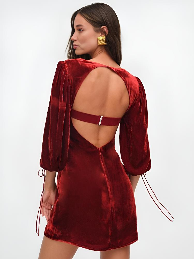 Women’s Mini Dress – Velvet Slim Fit – Puff Sleeve – Sweetheart Neck – Evening Wear