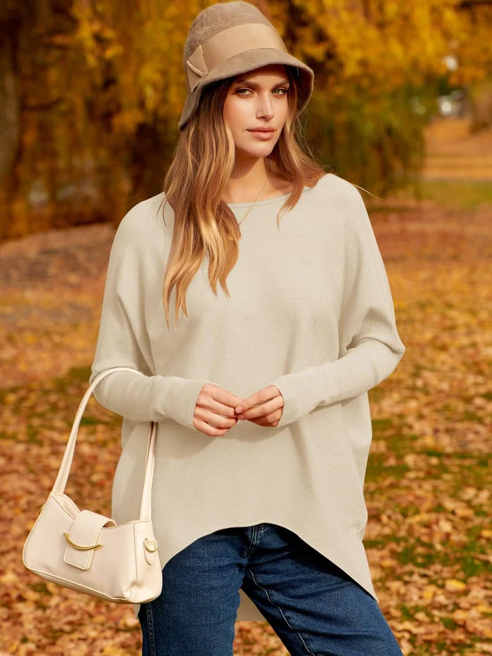 Women’s Sweater – Oversized Fit – Soft Wool Knit – Long Sleeve Pullover – Asymmetrical Hem