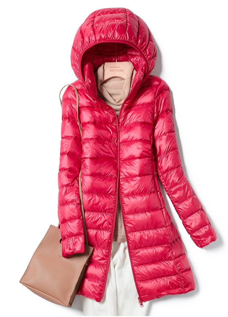 Women's Puffer Coat - Quilted Mid-Length - Hooded Lightweight Warm Jacket