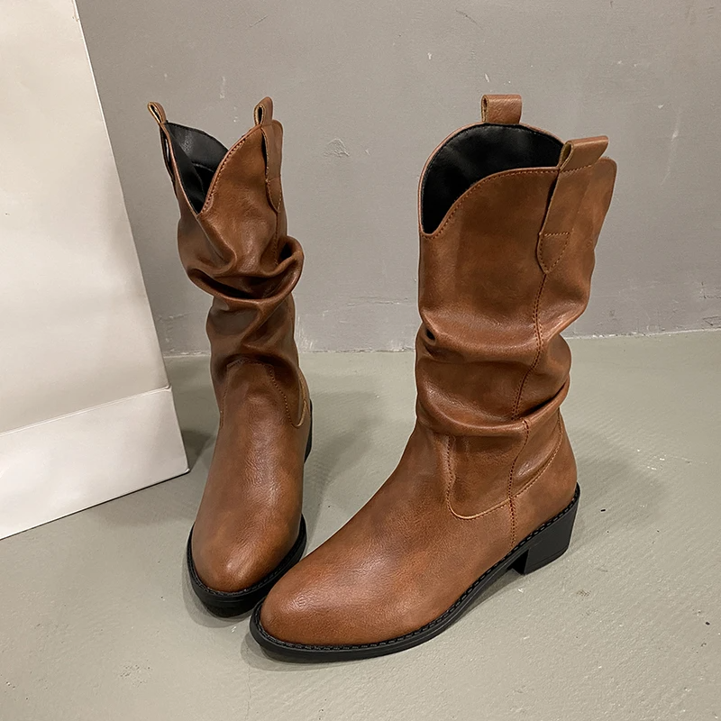 Women’s Boots - Faux Leather - Mid-Calf Length - Pointed Toe - Low Block Heel