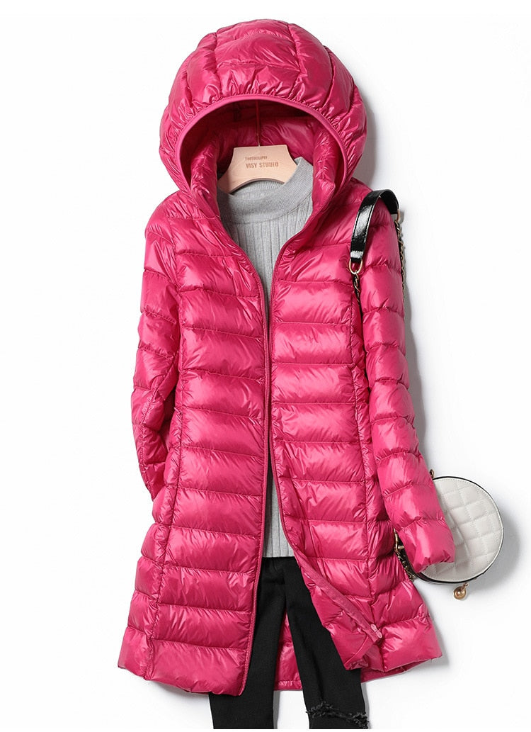 Women's Puffer Coat - Quilted Mid-Length - Hooded Lightweight Warm Jacket