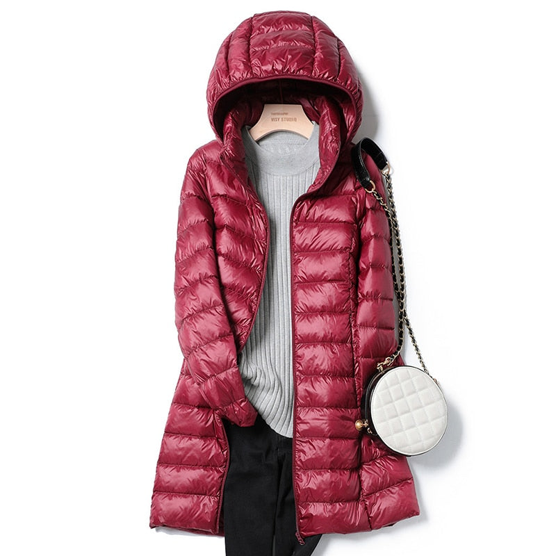 Women's Puffer Coat - Quilted Mid-Length - Hooded Lightweight Warm Jacket