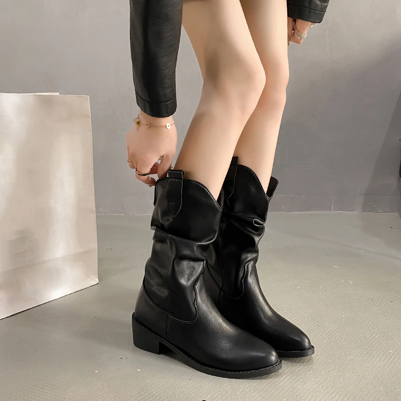 Women’s Boots - Faux Leather - Mid-Calf Length - Pointed Toe - Low Block Heel