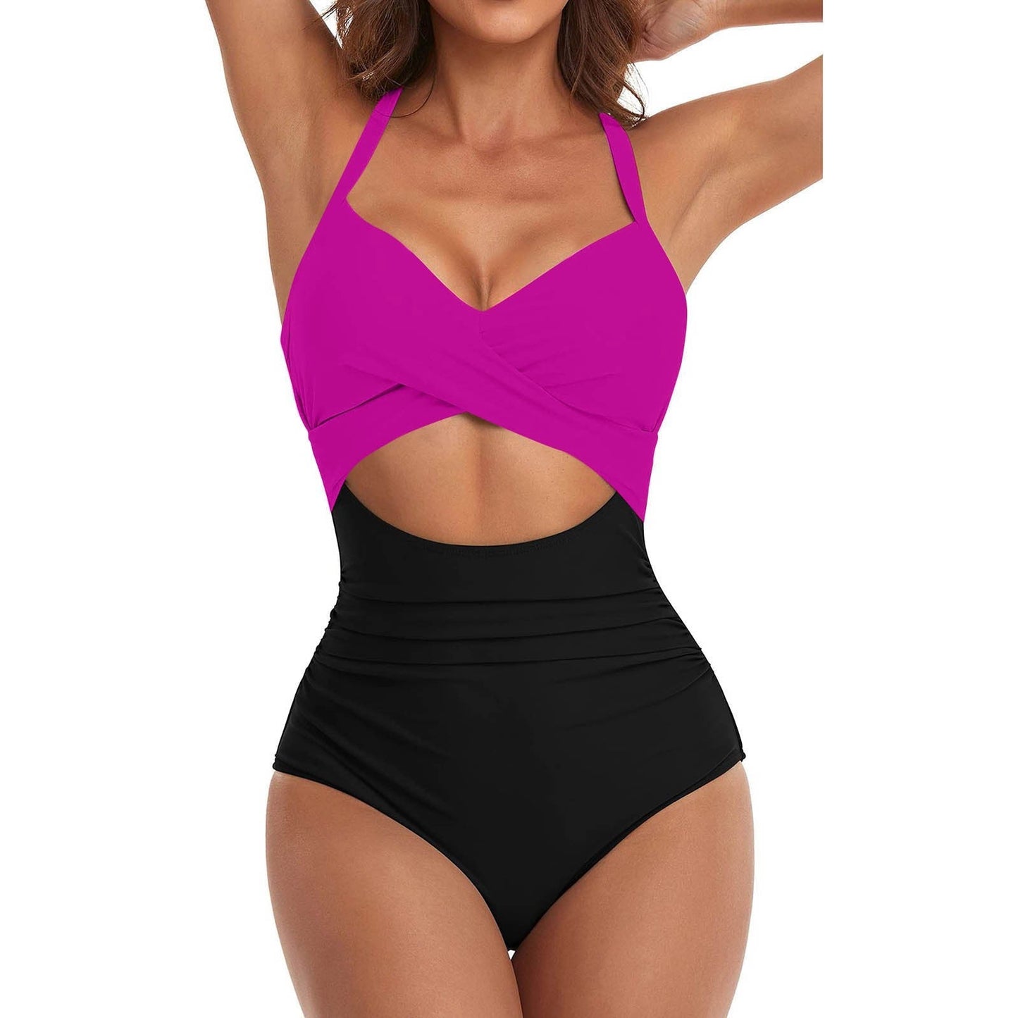 Women’s One-Piece Swimsuit – Slim Fit – Padded Cups – Criss-Cross Neckholder Cut-Out