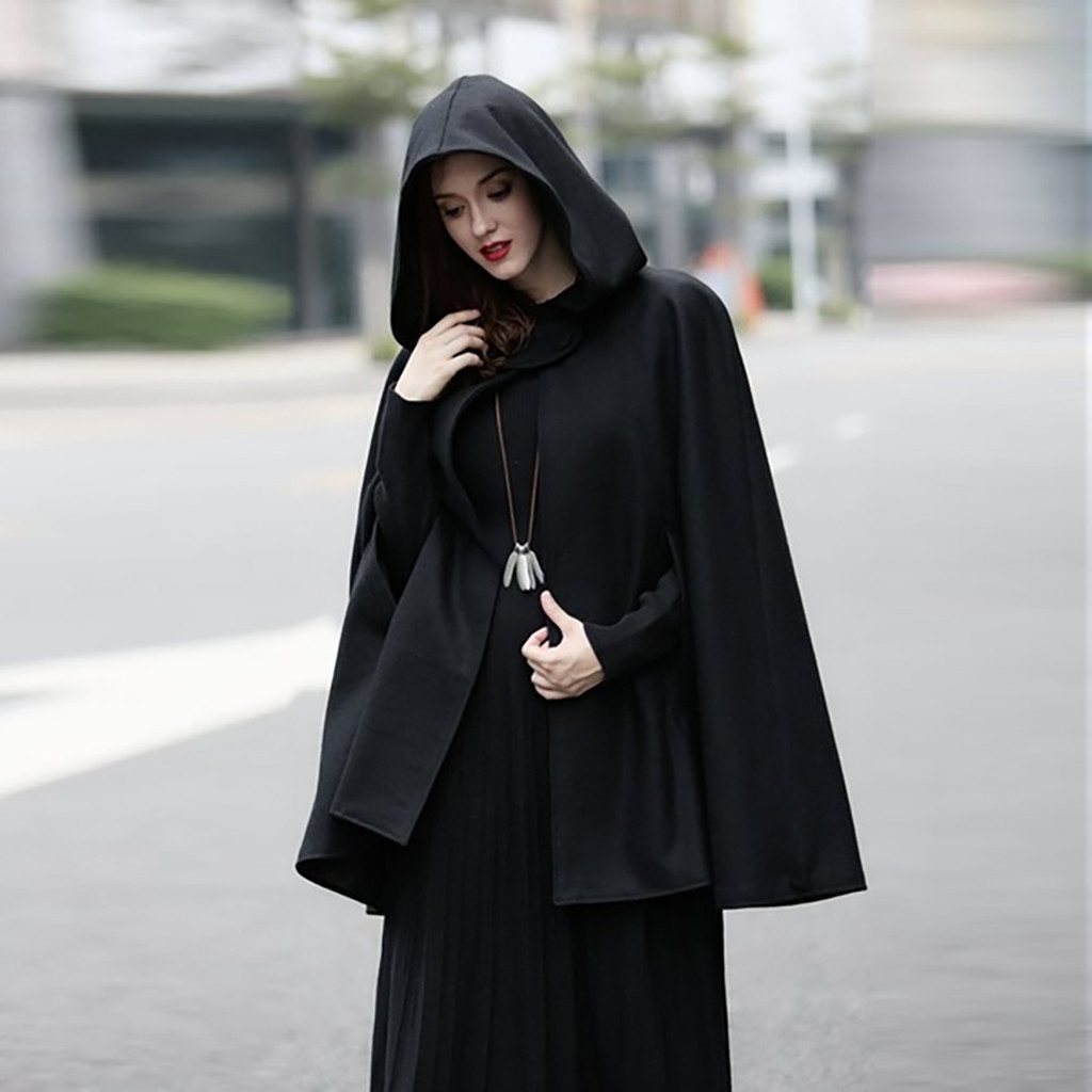 Women’s Cape – Woven Blend – Hooded – Loose Fit – Open Front – Mid Length