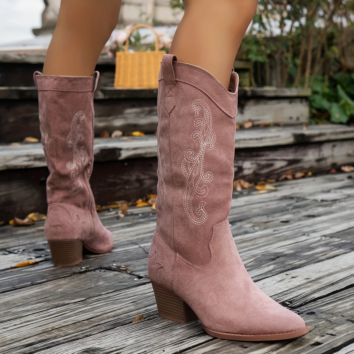 Women’s Boots - Faux Suede - Mid-Calf Shaft - Embroidered Detail - Block Heel