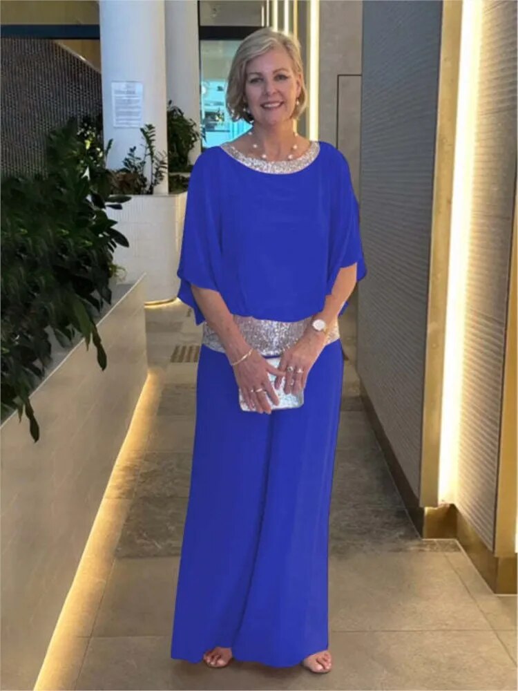 Women's Evening Gown - Floor-Length Elegant Fit - Round Neck Embellished - Short Sleeve