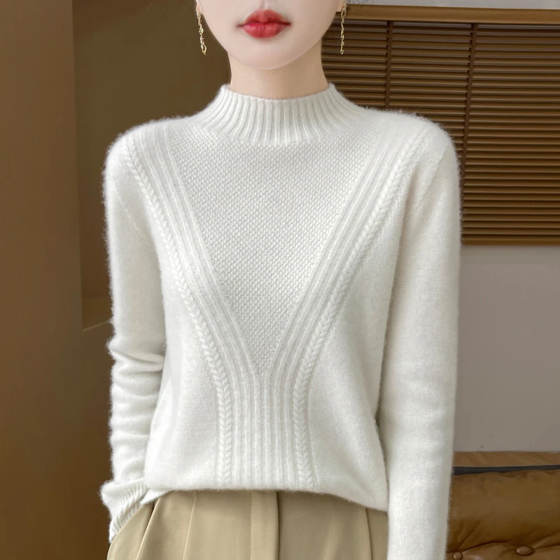 Women’s Pullover Sweater – Wool Blend – Relaxed Fit – Half High Collar – Ribbed Knit