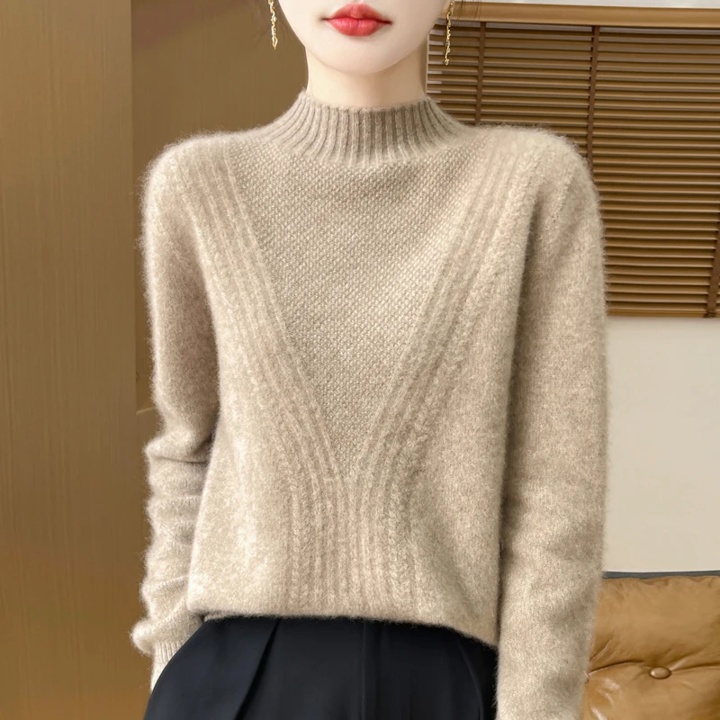 Women’s Pullover Sweater – Wool Blend – Relaxed Fit – Half High Collar – Ribbed Knit