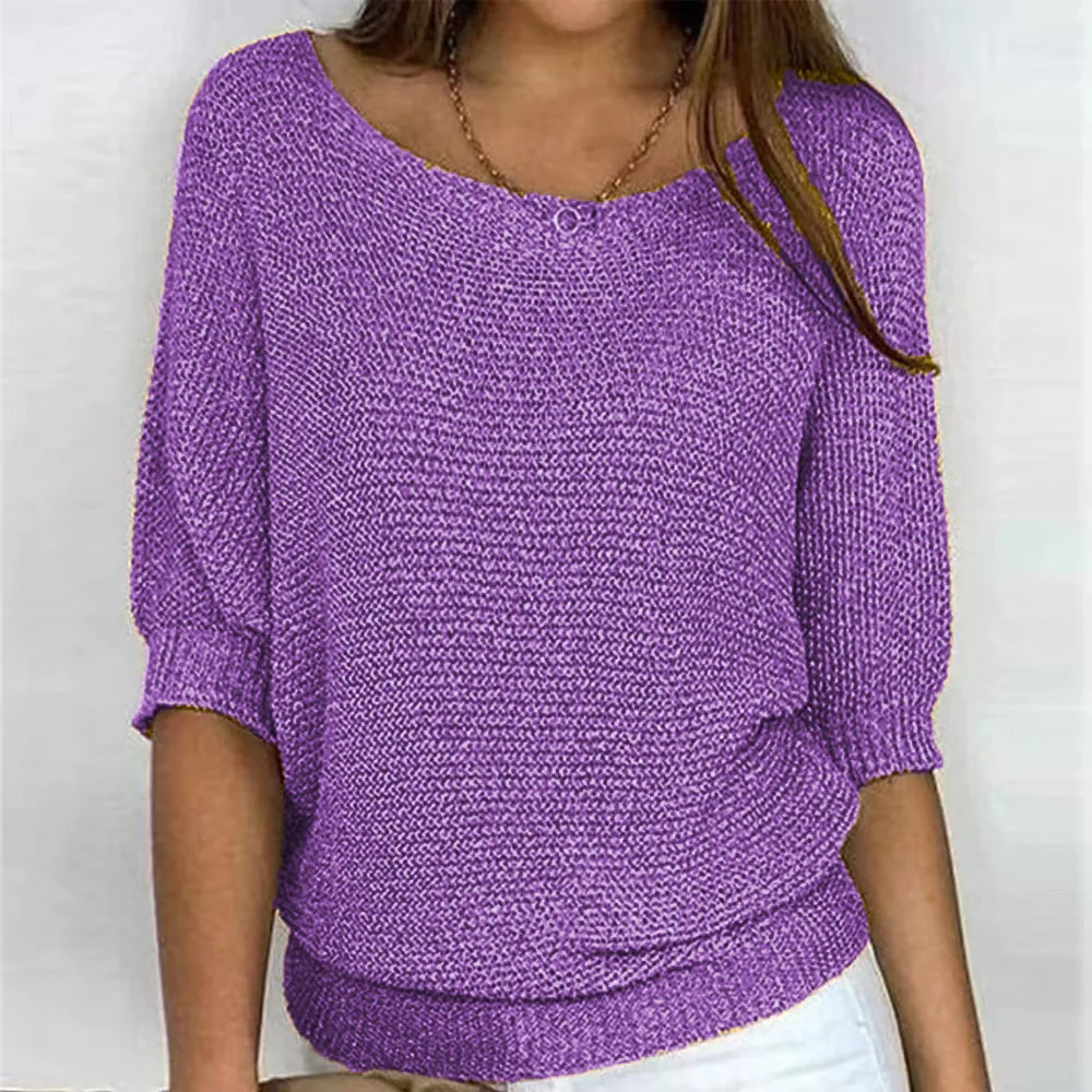 Women’s Knitted Top – Relaxed Fit – Puff Sleeves – Scoop Neck – Ribbed Hem & Cuffs