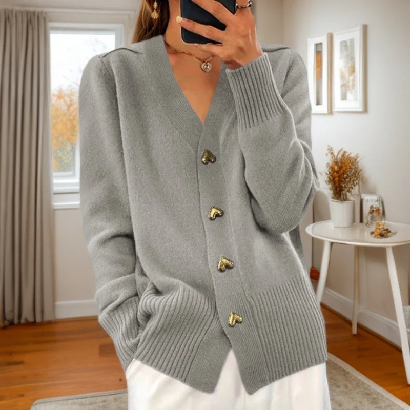 Women’s Knit Cardigan – Relaxed Fit – Wool Blend – V-Neck with Ribbed Hem & Cuffs