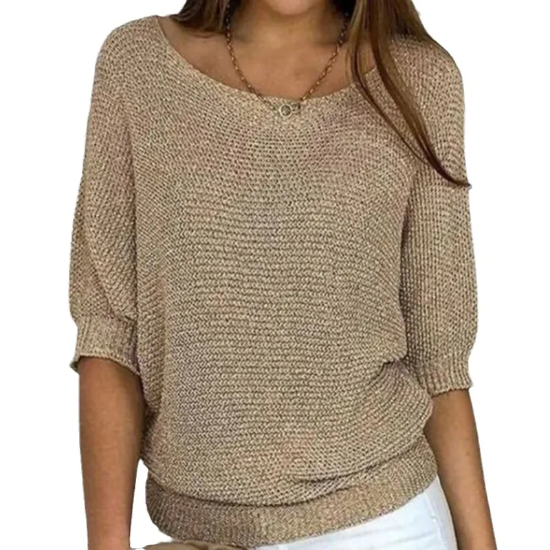 Women’s Knitted Top – Relaxed Fit – Puff Sleeves – Scoop Neck – Ribbed Hem & Cuffs