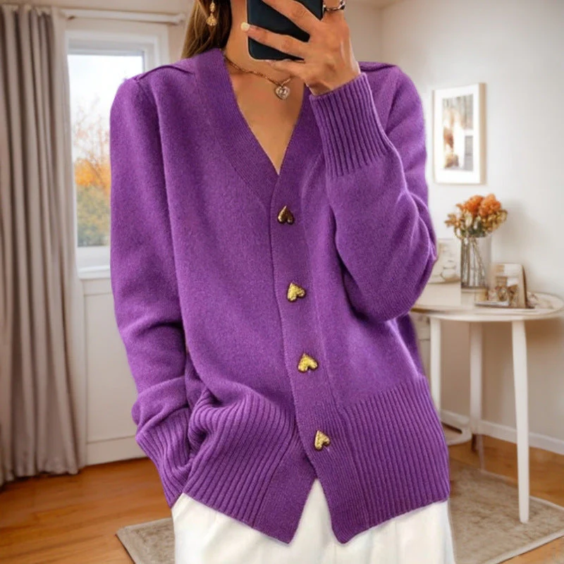 Women’s Knit Cardigan – Relaxed Fit – Wool Blend – V-Neck with Ribbed Hem & Cuffs