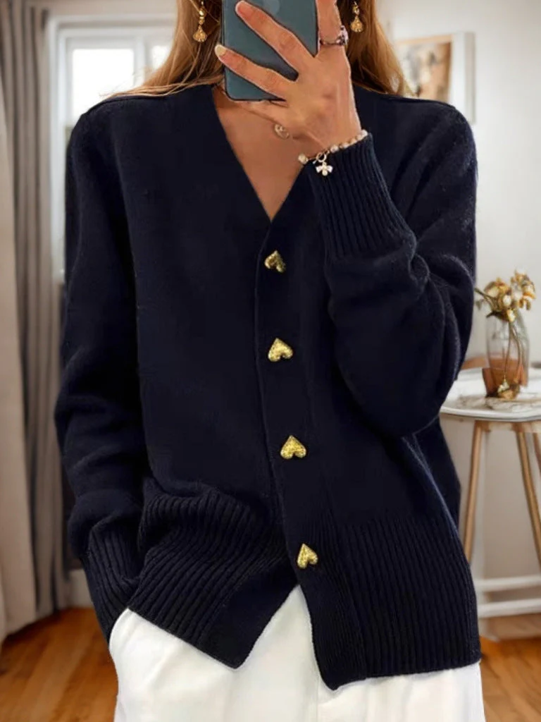 Women’s Knit Cardigan – Relaxed Fit – Wool Blend – V-Neck with Ribbed Hem & Cuffs