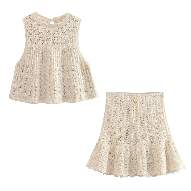 Women’s Sleeveless Knit Dress - Textured Open-Knit Top - Flared Skirt - Ruffled Hem