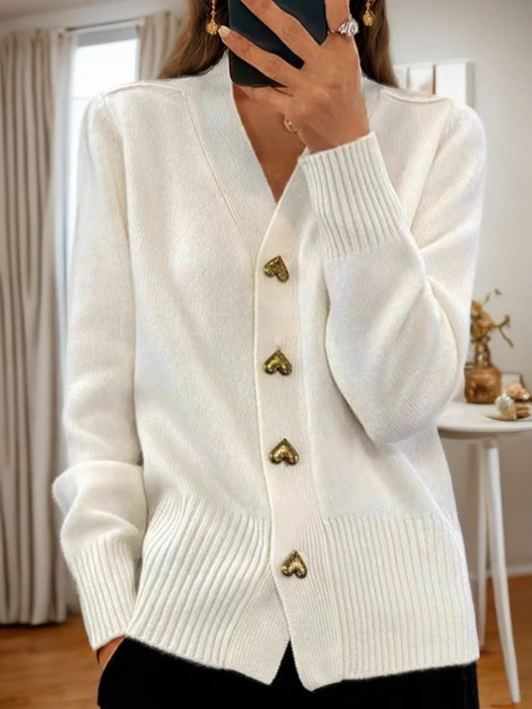 Women’s Knit Cardigan – Relaxed Fit – Wool Blend – V-Neck with Ribbed Hem & Cuffs