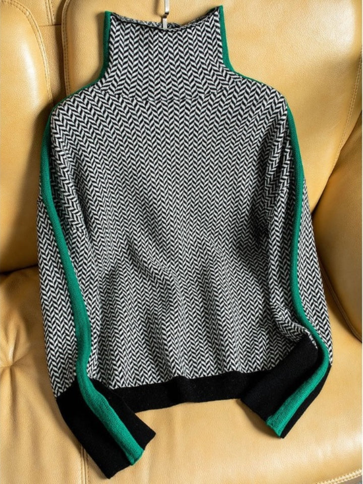 Women’s Turtleneck Sweatshirt – Relaxed Fit – Herringbone Knit – Asymmetrical Hem